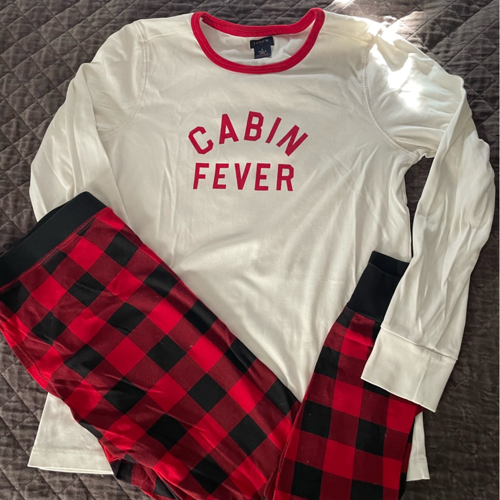 J. Crew White and Red Pajama Set with Plaid Pants